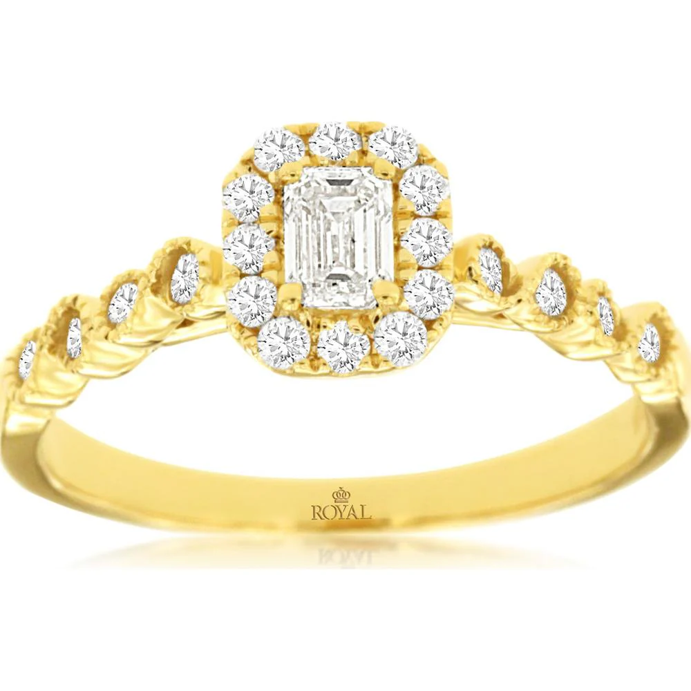 14K Yellow Gold Engagement Ring with Emerald-Cut Center Diamond and Round Diamond Halo - 0.50 Carat Diamond Weight - Royal Jewelry