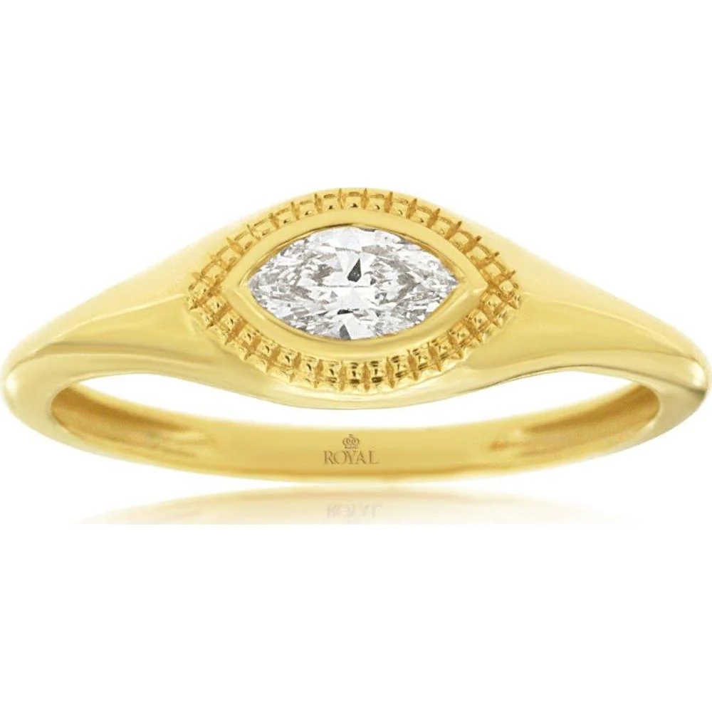 14K Yellow Gold Engagement Ring with Marquise Cut Diamond and Milgrain Detail - 0.25 Carat Diamond Weight - Royal Jewelry