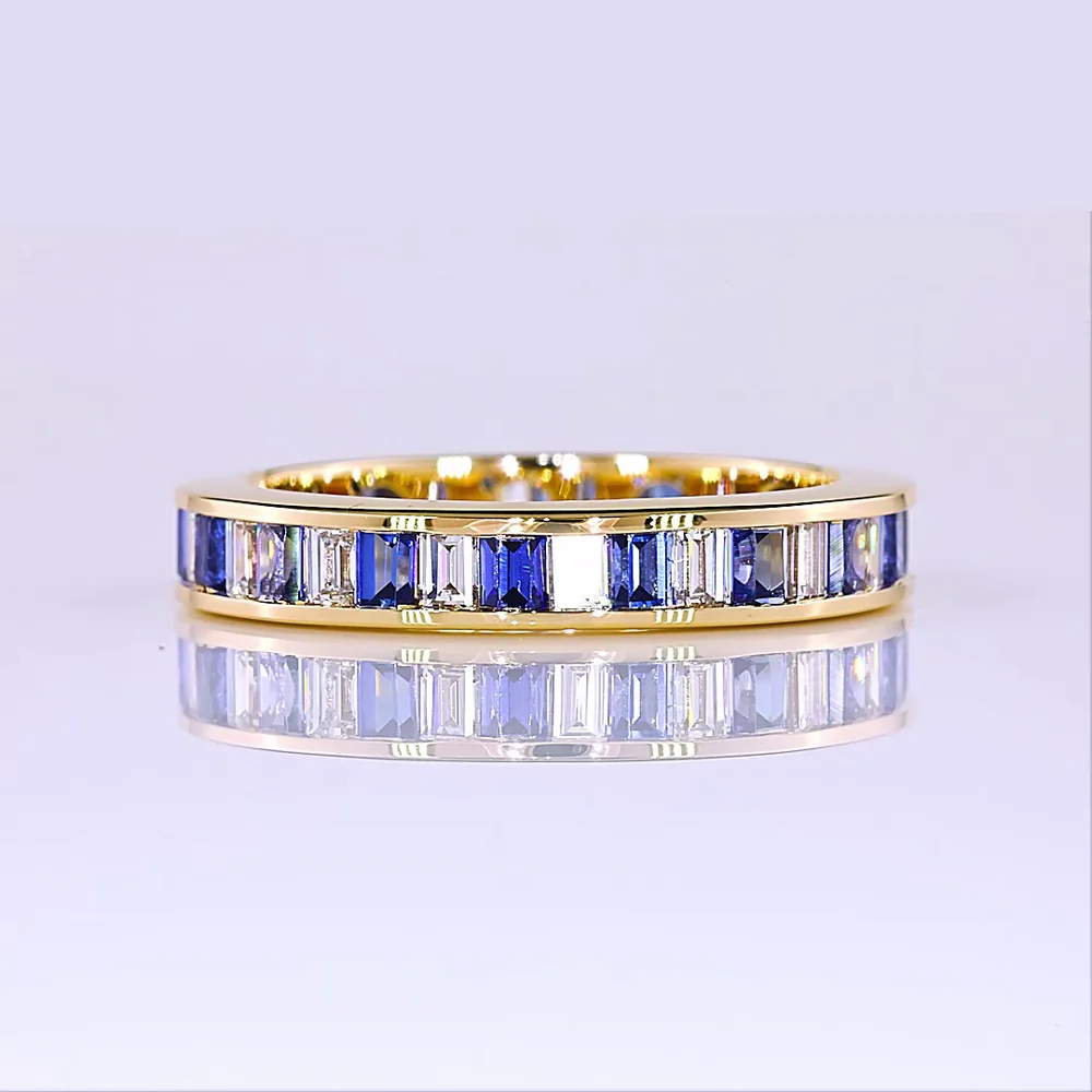 14K Yellow Gold Eternity Band with Alternating Baguette Lab Blue Gemstones and Baguette Diamonds - 0.90 Carat Total Weight - Covaloro Fine Jewelry