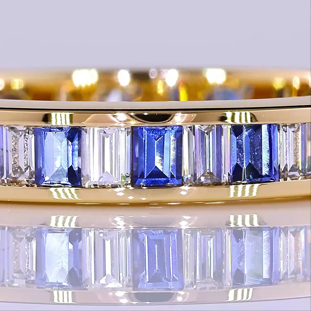 14K Yellow Gold Eternity Band with Alternating Baguette Lab Blue Gemstones and Baguette Diamonds - 0.90 Carat Total Weight - Covaloro Fine Jewelry - Image 2
