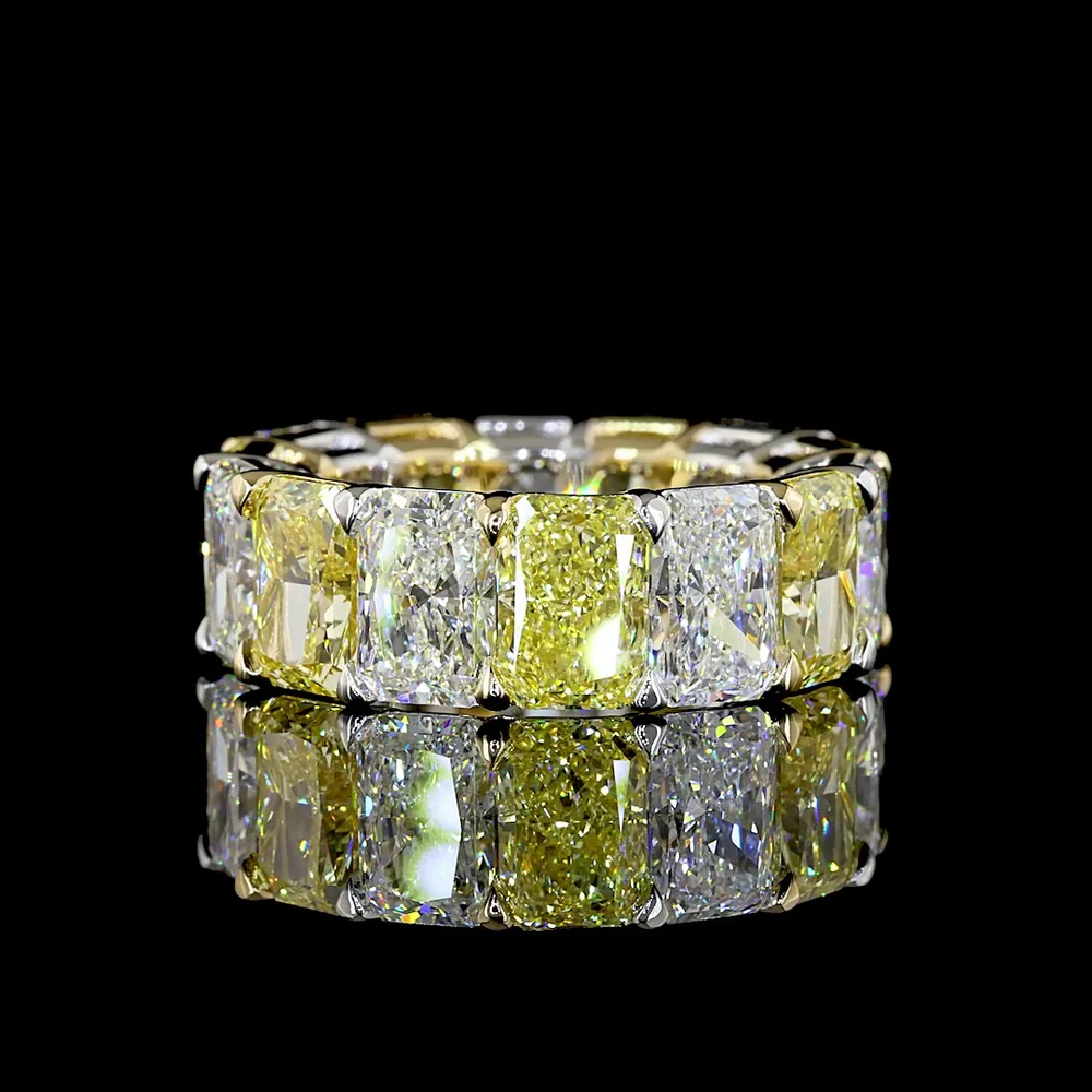 14K Yellow Gold Eternity Band with Alternating Fancy Vivid Yellow and White Radiant Cut Lab Diamonds - 14.41 Carat Total Weight - Covaloro Fine Jewelry