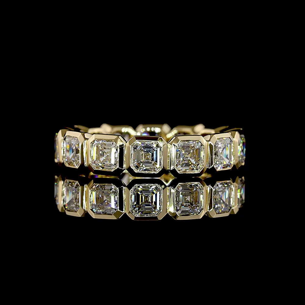 14K Yellow Gold Eternity Band with Bezel Set Asscher Cut Lab Diamonds - 14 Stones, 4.05 Carat Total Weight, E-F Color VS1 Clarity - Covaloro Fine Jewelry