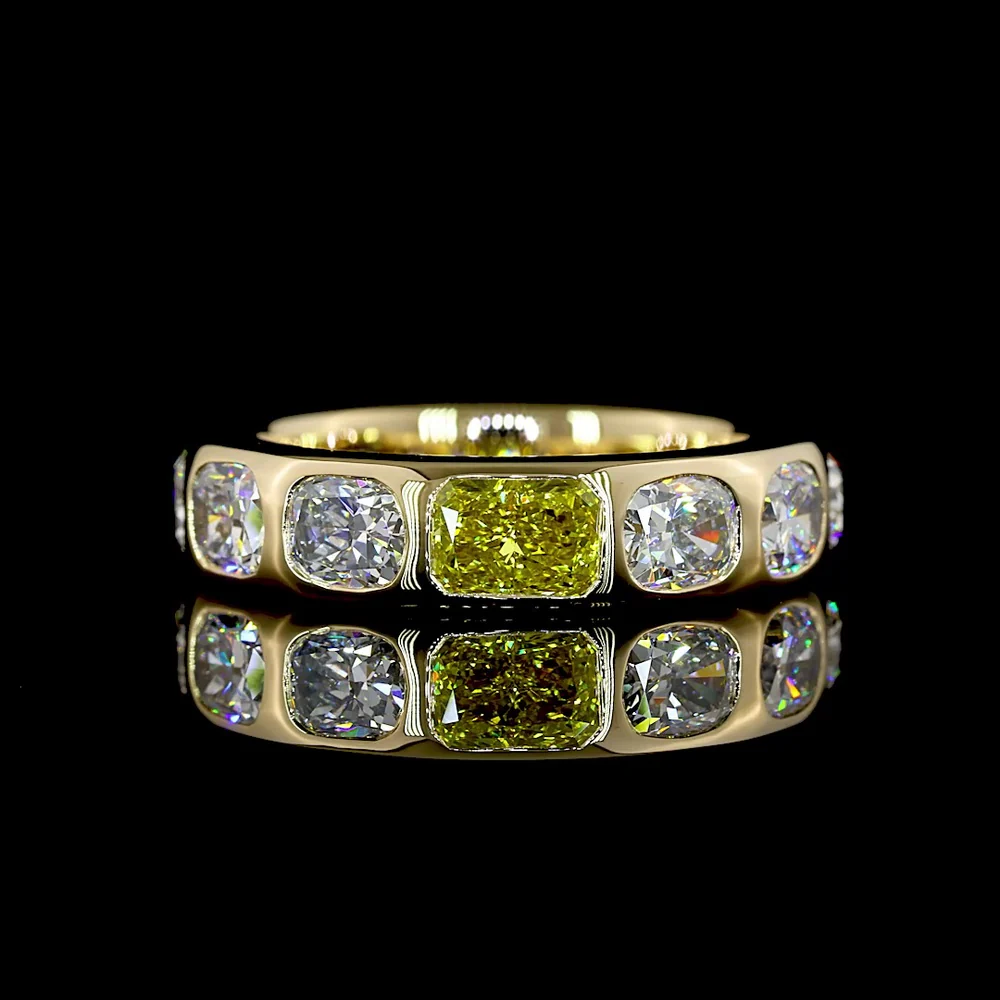 14K Yellow Gold Eternity Band with East-West Radiant Fancy Vivid Yellow Lab Diamond and Cushion Cut Diamonds - 3.75 Carats Total Diamond Weight - Covaloro Fine Jewelry
