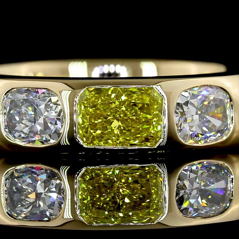 14K Yellow Gold Eternity Band with East-West Radiant Fancy Vivid Yellow Lab Diamond and Cushion Cut Diamonds - 3.75 Carats Total Diamond Weight - Covaloro Fine Jewelry - Image 2