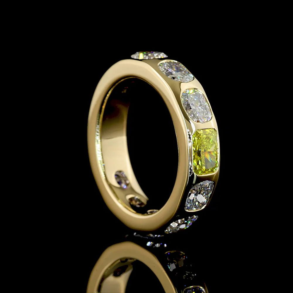 14K Yellow Gold Eternity Band with East-West Radiant Fancy Vivid Yellow Lab Diamond and Cushion Cut Diamonds - 3.75 Carats Total Diamond Weight - Covaloro Fine Jewelry - Image 3