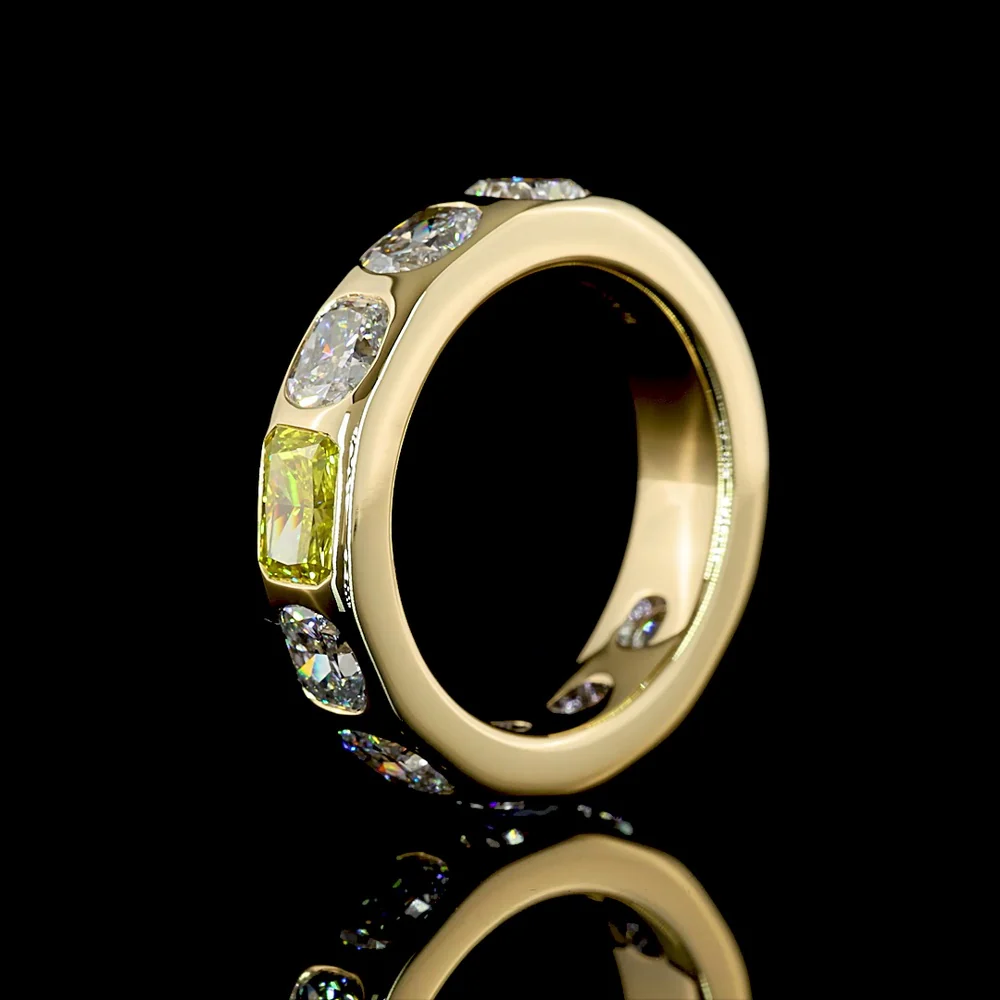 14K Yellow Gold Eternity Band with East-West Radiant Fancy Vivid Yellow Lab Diamond and Cushion Cut Diamonds - 3.75 Carats Total Diamond Weight - Covaloro Fine Jewelry - Image 4