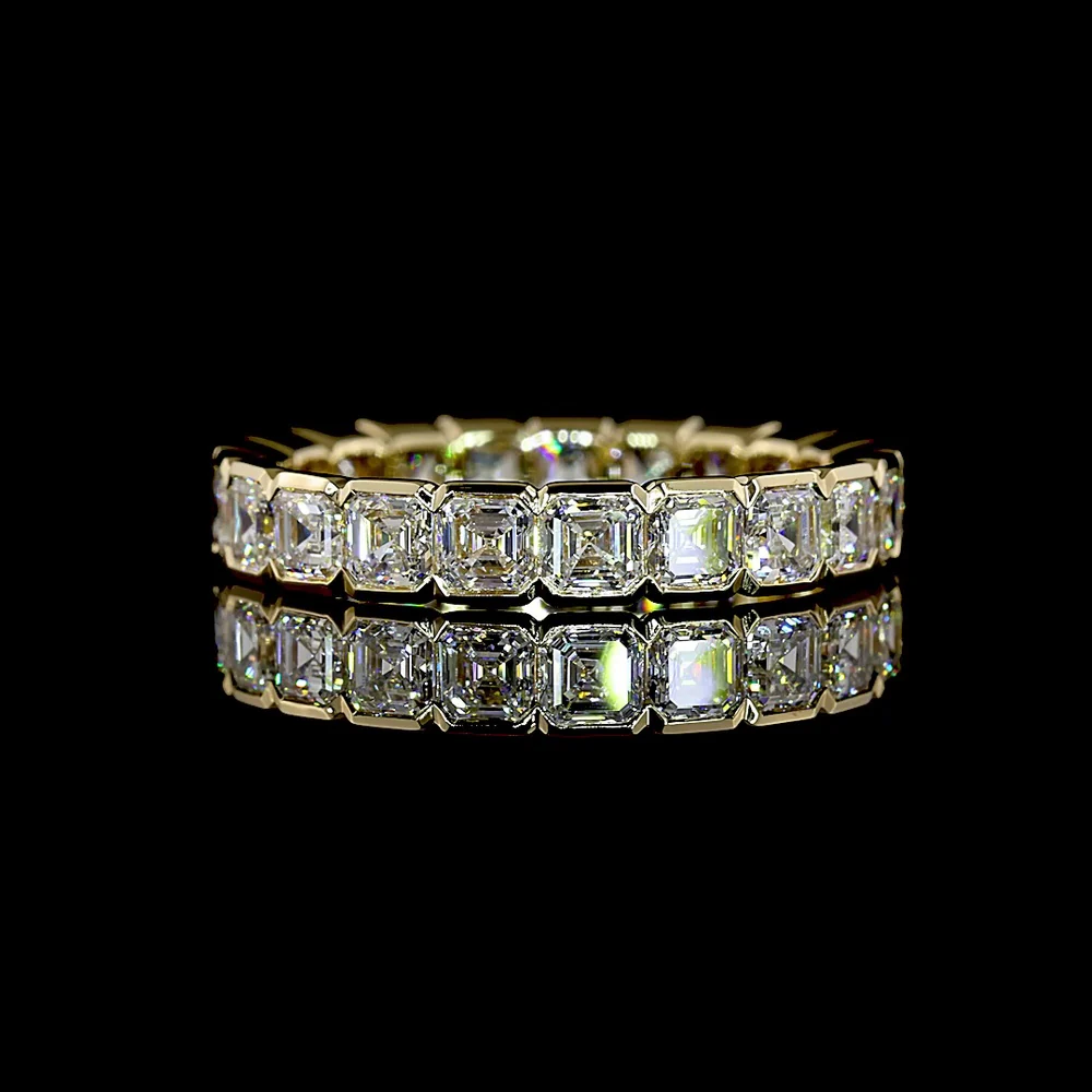 14K Yellow Gold Eternity Band with Half-Bezel Set Asscher Cut Lab Diamonds - 3.04 Carat Total Weight, 21 Stones (E-F Color, VS1 Clarity) - Covaloro Fine Jewelry