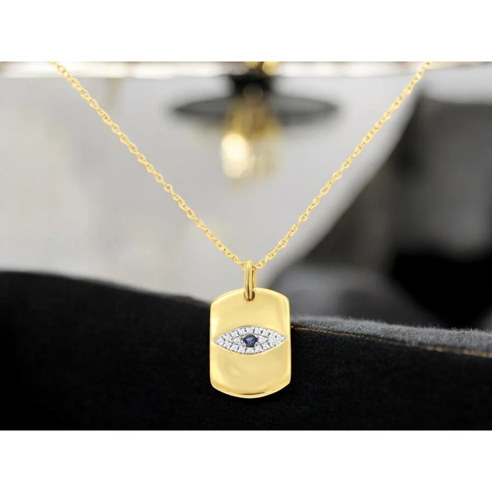 14K Yellow Gold Evil Eye Pendant Necklace with Round Sapphire and Diamond Halo - 0.04 Carat Sapphire, 0.05 Carat Total Diamond Weight - Royal Jewelry - Image 2