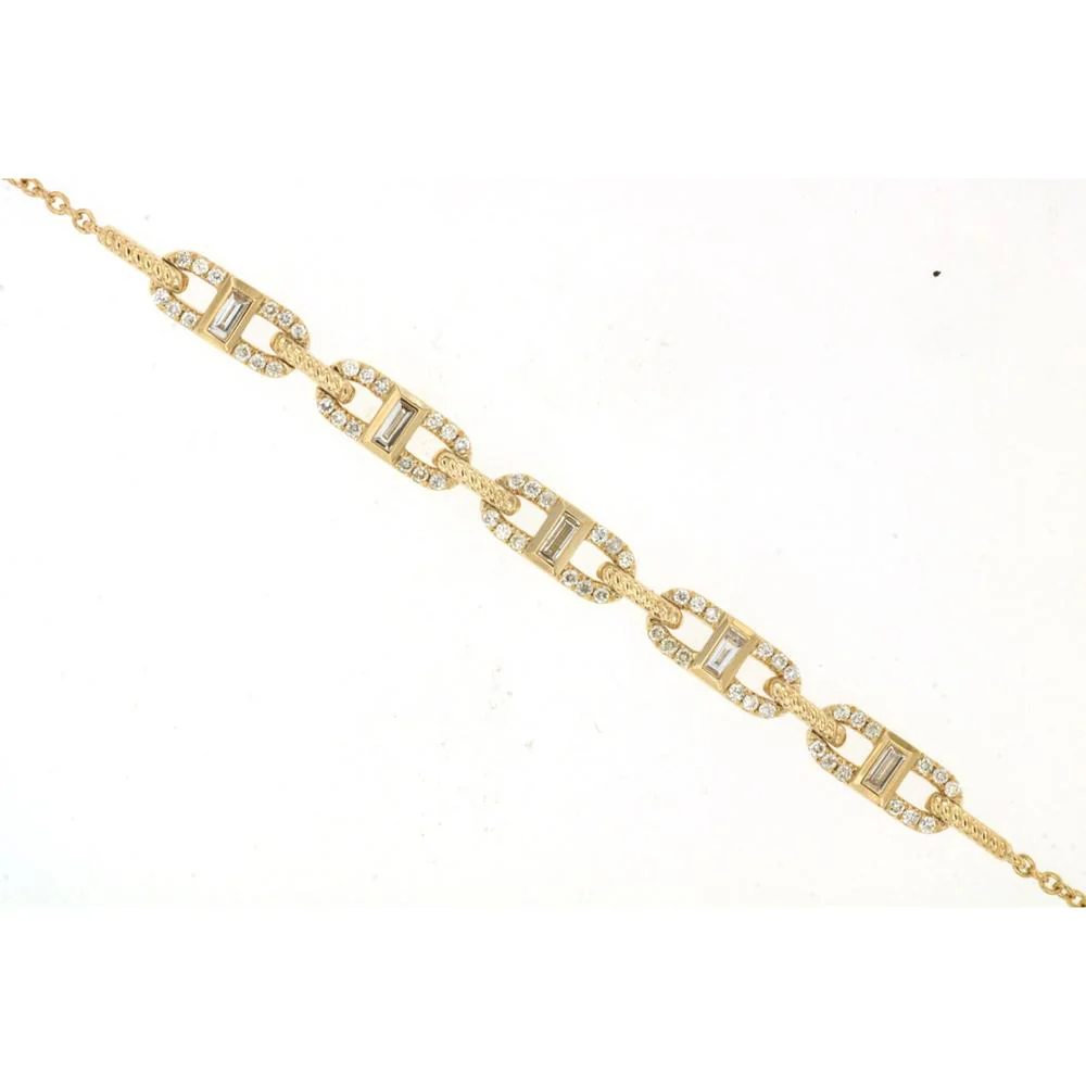 14K Yellow Gold Fancy Link Bracelet with Baguette and Round Diamonds - 0.28 Carat Total Diamond Weight - Royal Jewelry