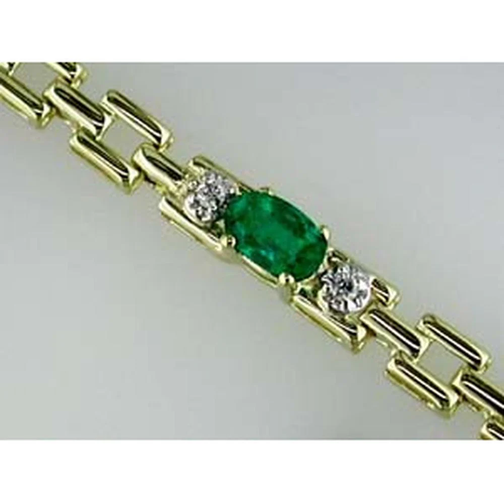 14K Yellow Gold Fancy Link Bracelet with Oval Emerald and Round Diamond Accents - 1.25 Carat Emerald and 0.11 Carat Total Diamond Weight - Royal Jewelry