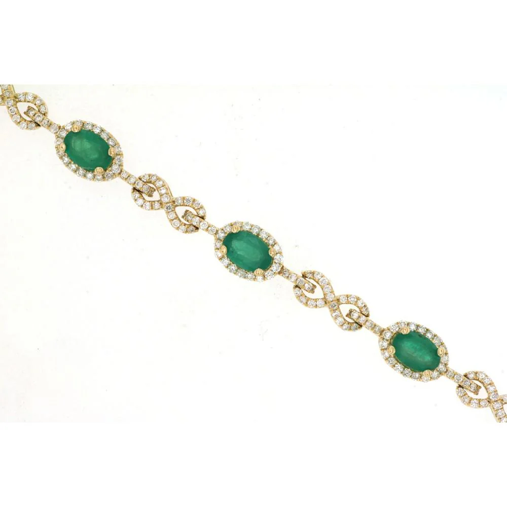 14K Yellow Gold Fancy Link Bracelet with Oval Emeralds and Diamond Halos - 3.50 Carat Total Emerald Weight, 2.00 Carat Total Diamond Weight - Royal Jewelry