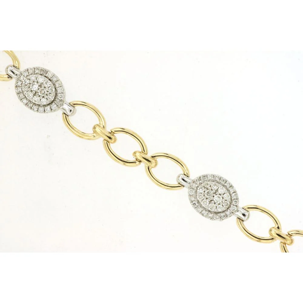 14K Yellow Gold Fancy Link Bracelet with Round Diamond Halo Stations - 0.75 Carat Total Diamond Weight - Royal Jewelry