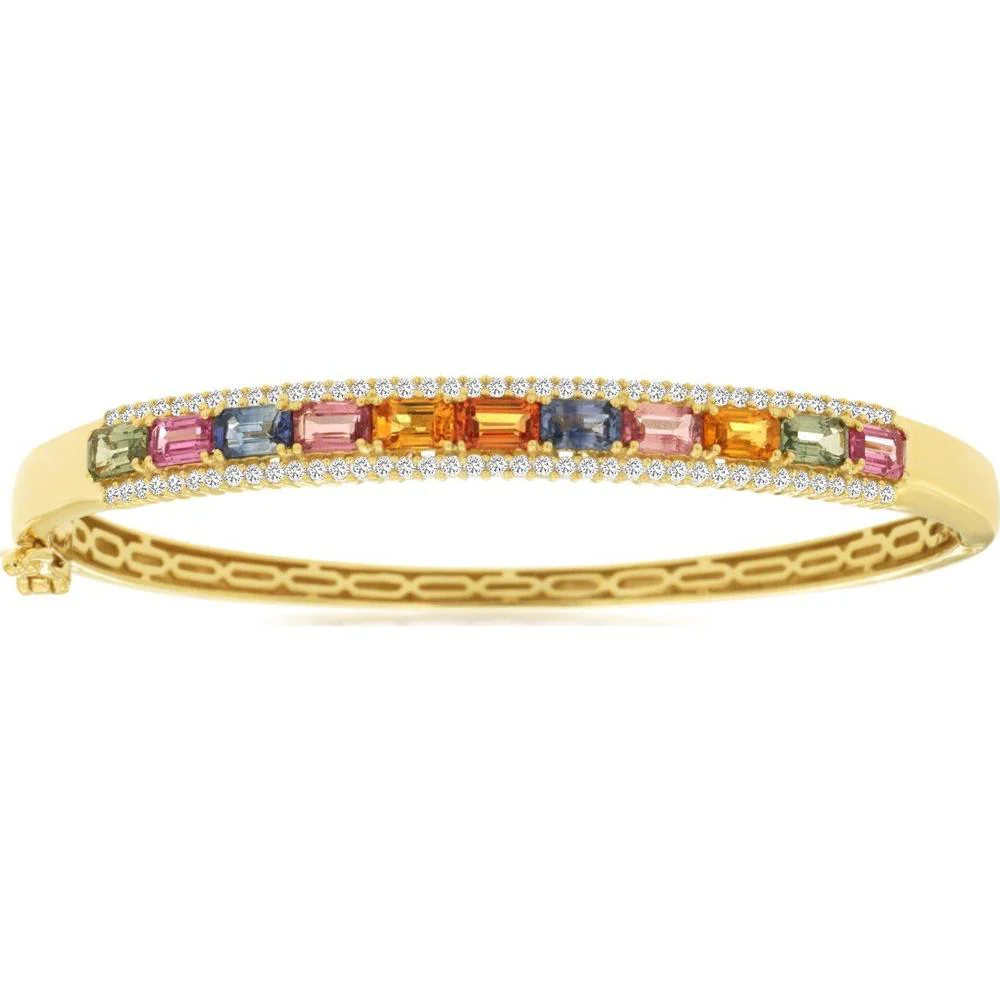 14K Yellow Gold Fancy Multi-Color Sapphire and Diamond Bangle Bracelet with Rectangular-Cut Sapphires - 4.00 Carat Total Sapphire Weight and 0.78 Carat Total Diamond Weight - Royal Jewelry