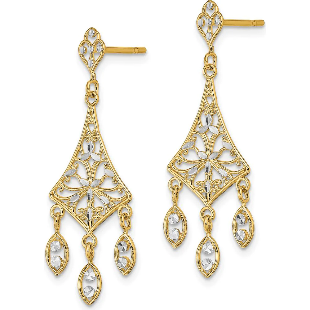 14K Yellow Gold Filigree Diamond-Cut Chandelier Earrings with Rhodium Accents by Oro Pregiato - Image 2