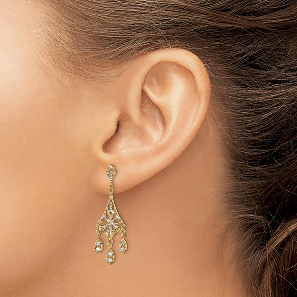 14K Yellow Gold Filigree Diamond-Cut Chandelier Earrings with Rhodium Accents by Oro Pregiato - Image 3