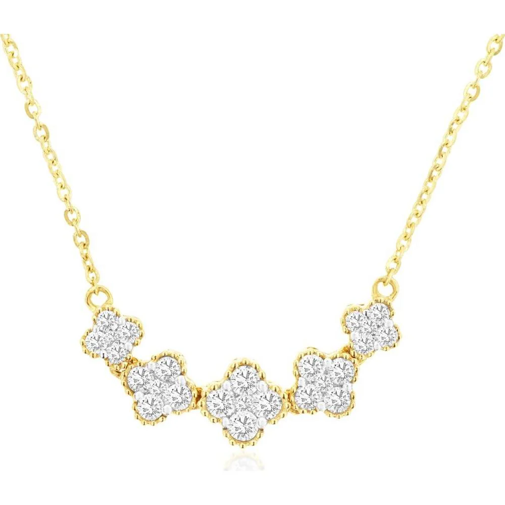 14K Yellow Gold Five-Flower Diamond Cluster Necklace with Milgrain Detail - 0.66 Carat Total Diamond Weight - Royal Jewelry