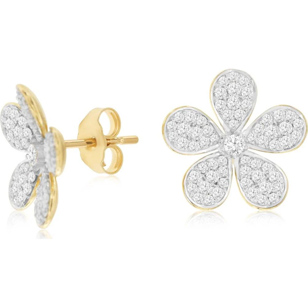 14K Yellow Gold Five-Petal Flower Stud Earrings with Pavé Set Round Diamonds - 0.84 Carat Total Diamond Weight - Royal Jewelry