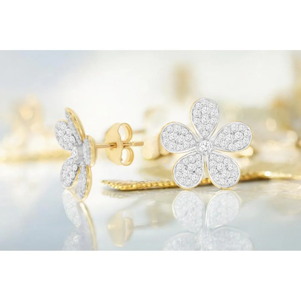 14K Yellow Gold Five-Petal Flower Stud Earrings with Pavé Set Round Diamonds - 0.84 Carat Total Diamond Weight - Royal Jewelry - Image 2