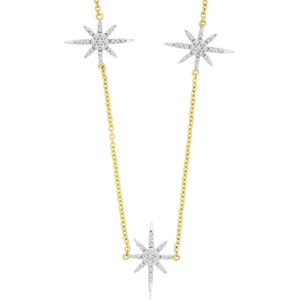 14K Yellow Gold Five-Station Starburst Necklace with Pavé-Set Round Diamonds - 0.45 Total Carat Weight - Royal Jewelry
