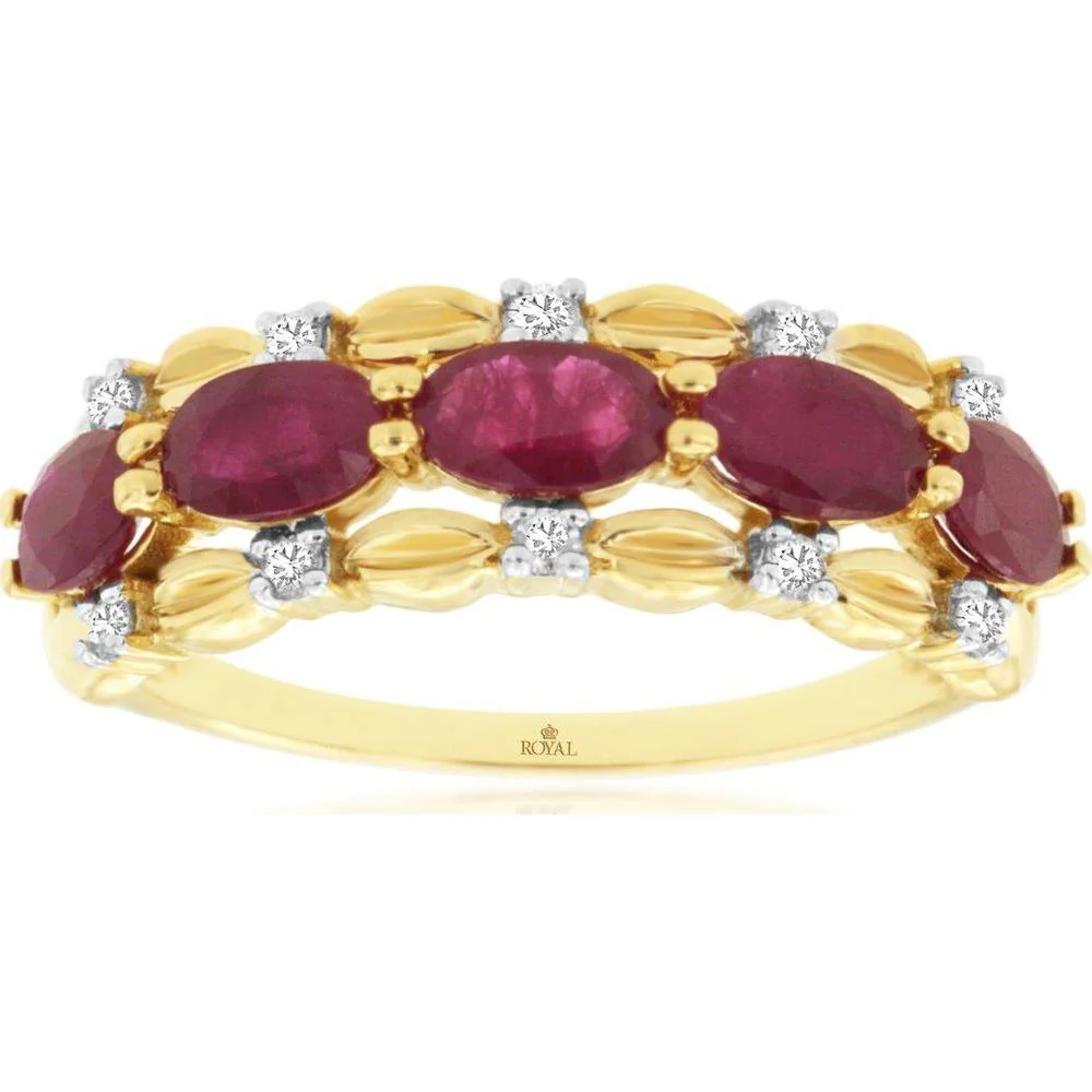 14K Yellow Gold Five-Stone Band with Oval Rubies and Round Diamond Accents - 1.50 Carat Ruby Total Weight, 0.10 Carat Diamond Total Weight - Royal Jewelry