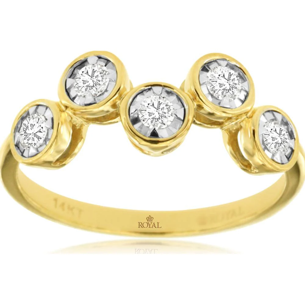 14K Yellow Gold Five-Stone Diamond Ring with Bezel Set Round Diamonds - 0.25 Carat Total Diamond Weight - Royal Jewelry