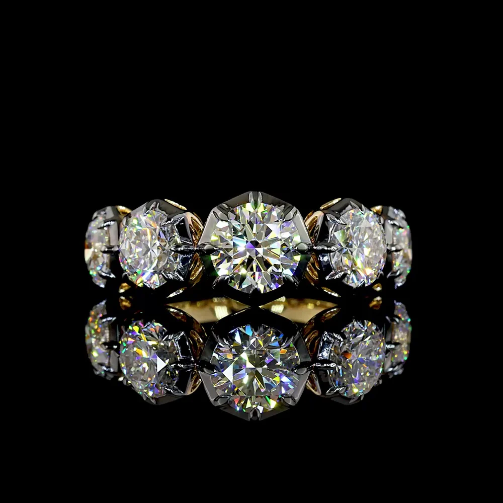 14K Yellow Gold Five-Stone Ring with Black Rhodium Prong and Bezel Set Round Lab Diamonds - 4.03 Carat Total Weight - Covaloro Fine Jewelry