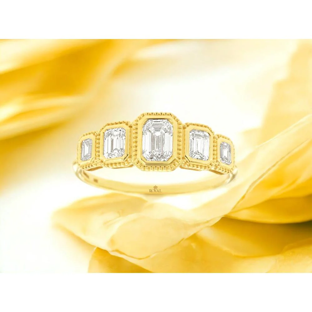 14K Yellow Gold Five Stone Wedding Band with Bezel Set Emerald Cut Diamonds - 0.88 Carat Total Diamond Weight - Royal Jewelry - Image 2