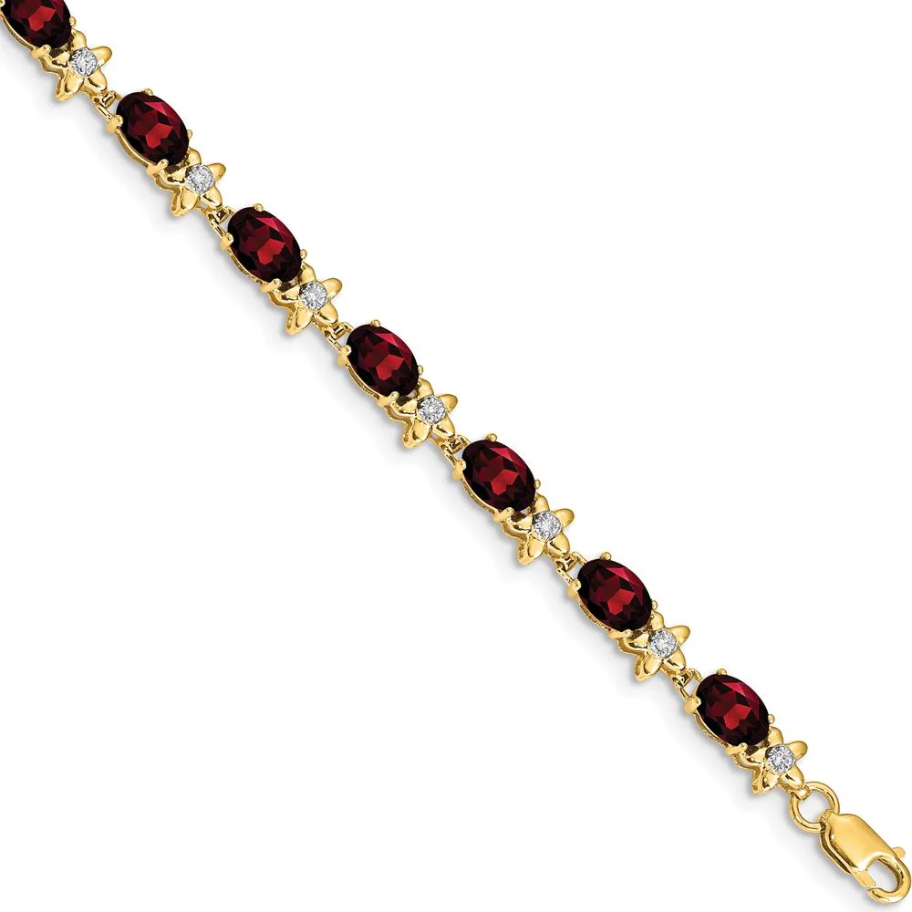 14K Yellow Gold Floral Bracelet with 14 Oval Garnet and Round Diamonds - 0.60 Carats Total Garnet Weight, 0.11 Carats Total Diamond Weight by Monteluci Fine Jewelry