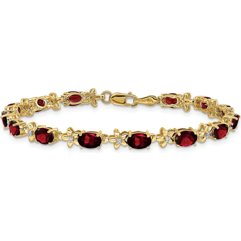14K Yellow Gold Floral Bracelet with 14 Oval Garnet and Round Diamonds - 0.60 Carats Total Garnet Weight, 0.11 Carats Total Diamond Weight by Monteluci Fine Jewelry - Image 3
