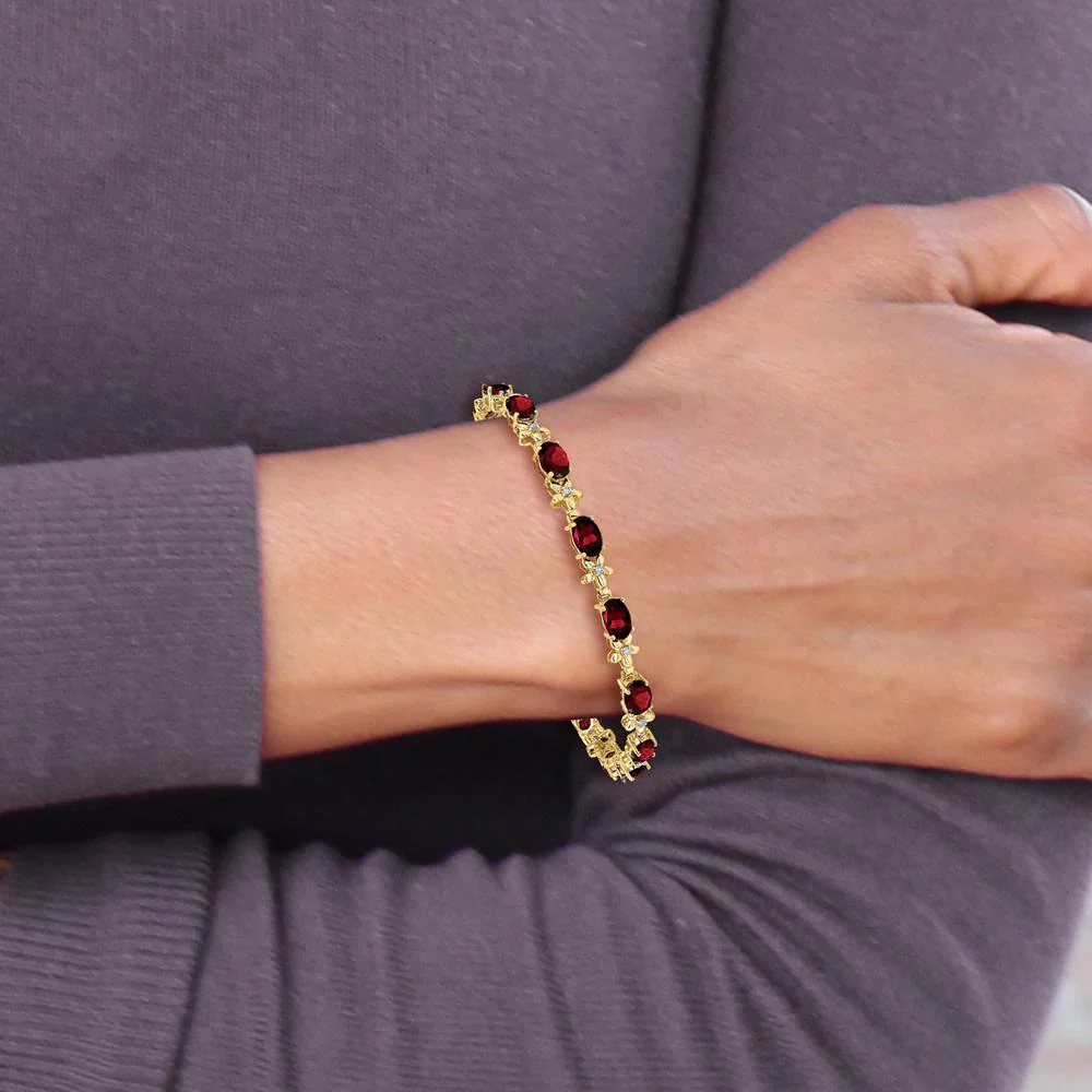 14K Yellow Gold Floral Bracelet with 14 Oval Garnet and Round Diamonds - 0.60 Carats Total Garnet Weight, 0.11 Carats Total Diamond Weight by Monteluci Fine Jewelry - Image 4