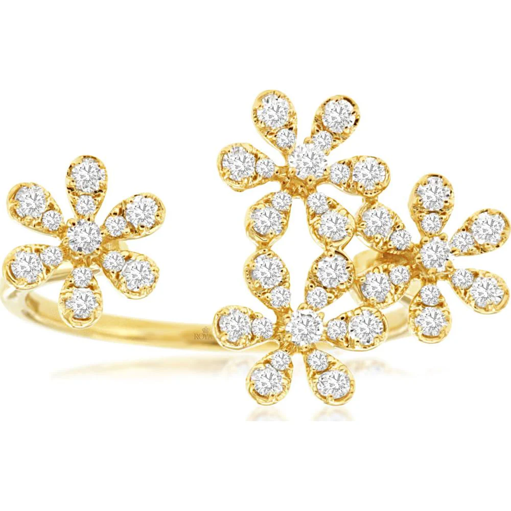 14K Yellow Gold Floral Cluster Diamond Ring with Milgrain Detail and Round Brilliant Diamonds - 0.47 Carat Total Diamond Weight - Royal Jewelry