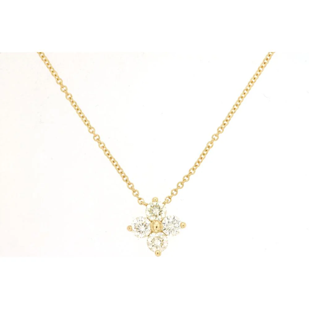 14K Yellow Gold Floral Cluster Necklace with Prong-Set Round Diamonds - 0.41 Carat Total Diamond Weight - Royal Jewelry