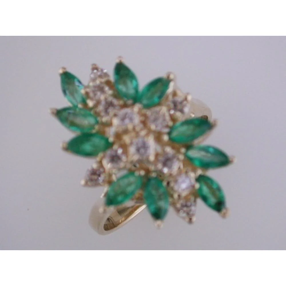 14K Yellow Gold Floral Cluster Ring with 0.50 Carat Round Diamonds and 1.10 Carat Marquise Cut Emeralds - Royal Jewelry