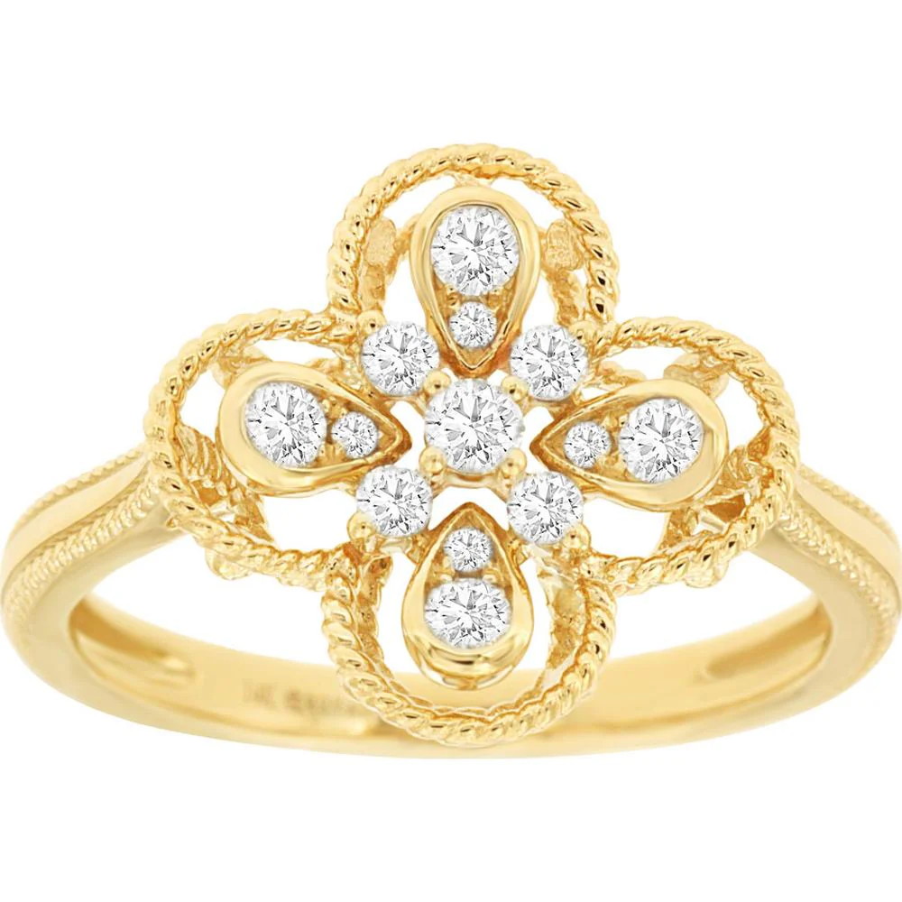 14K Yellow Gold Floral Diamond Ring with Round Diamond Accents - 0.25 Carat Total Diamond Weight - Royal Jewelry