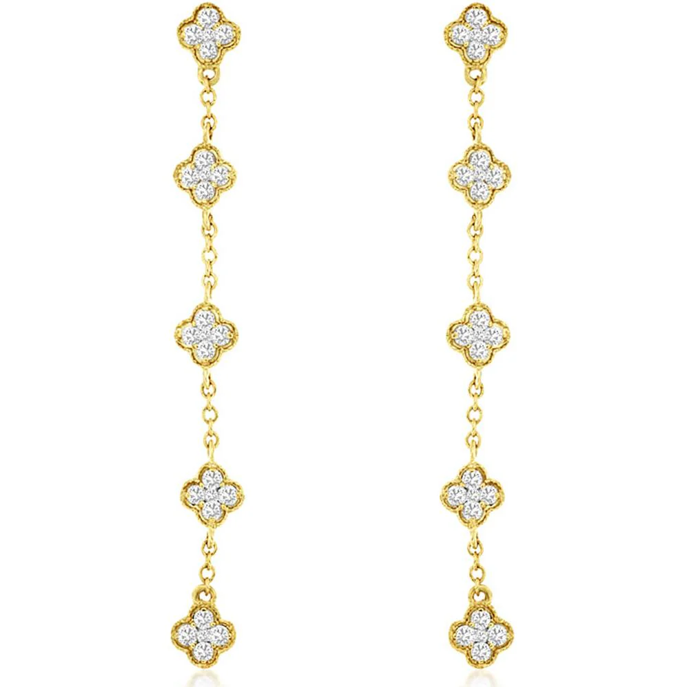 14K Yellow Gold Floral Drop Earrings with Diamond Stations - 0.50 Carat Total Diamond Weight - Royal Jewelry