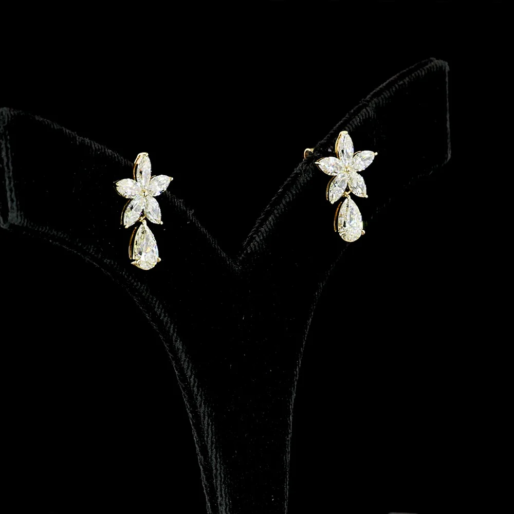14K Yellow Gold Floral Drop Earrings with Pear and Marquise Lab Diamond Clusters - 3.25 Total Carat Weight, E-F VS Clarity - Covaloro Fine Jewelry