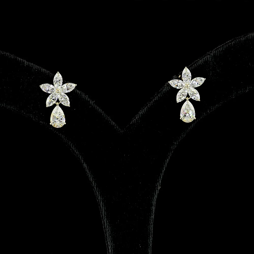 14K Yellow Gold Floral Drop Earrings with Pear and Marquise Lab Diamond Clusters - 3.25 Total Carat Weight, E-F VS Clarity - Covaloro Fine Jewelry - Image 2
