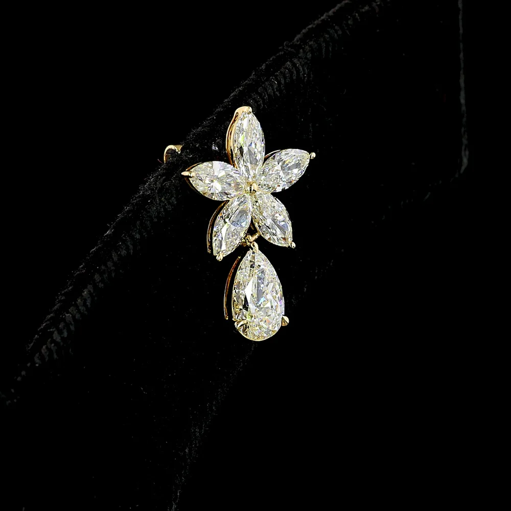 14K Yellow Gold Floral Drop Earrings with Pear and Marquise Lab Diamond Clusters - 3.25 Total Carat Weight, E-F VS Clarity - Covaloro Fine Jewelry - Image 3