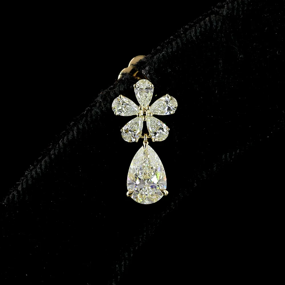 14K Yellow Gold Floral Drop Earrings with Pear Shaped Lab Diamonds - 1.95 Carat Total Weight (0.65 Carat Each Main Stone, 0.69 Carat Total Accents) - Covaloro Fine Jewelry - Image 2