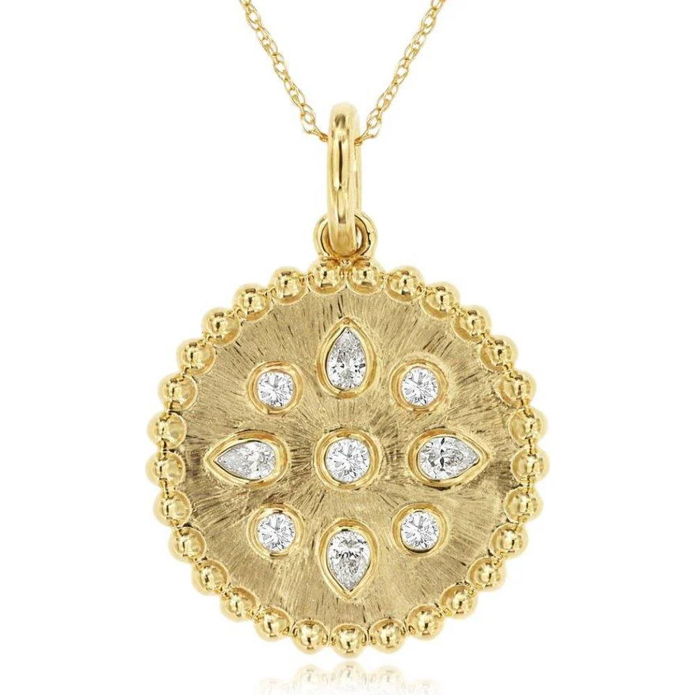 14K Yellow Gold Floral Motif Pendant with Bezel Set Round and Pear Cut Diamonds - 0.35 Carat Total Diamond Weight - Royal Jewelry