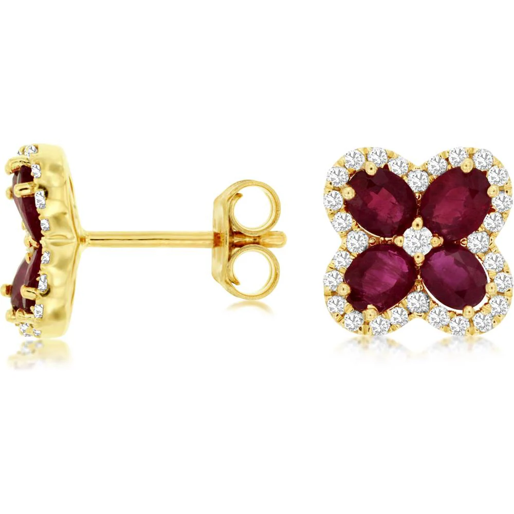 14K Yellow Gold Floral Motif Ruby & Diamond Halo Earrings - 1.65 Carat Total Ruby Weight, 0.35 Carat Total Diamond Weight - Royal Jewelry