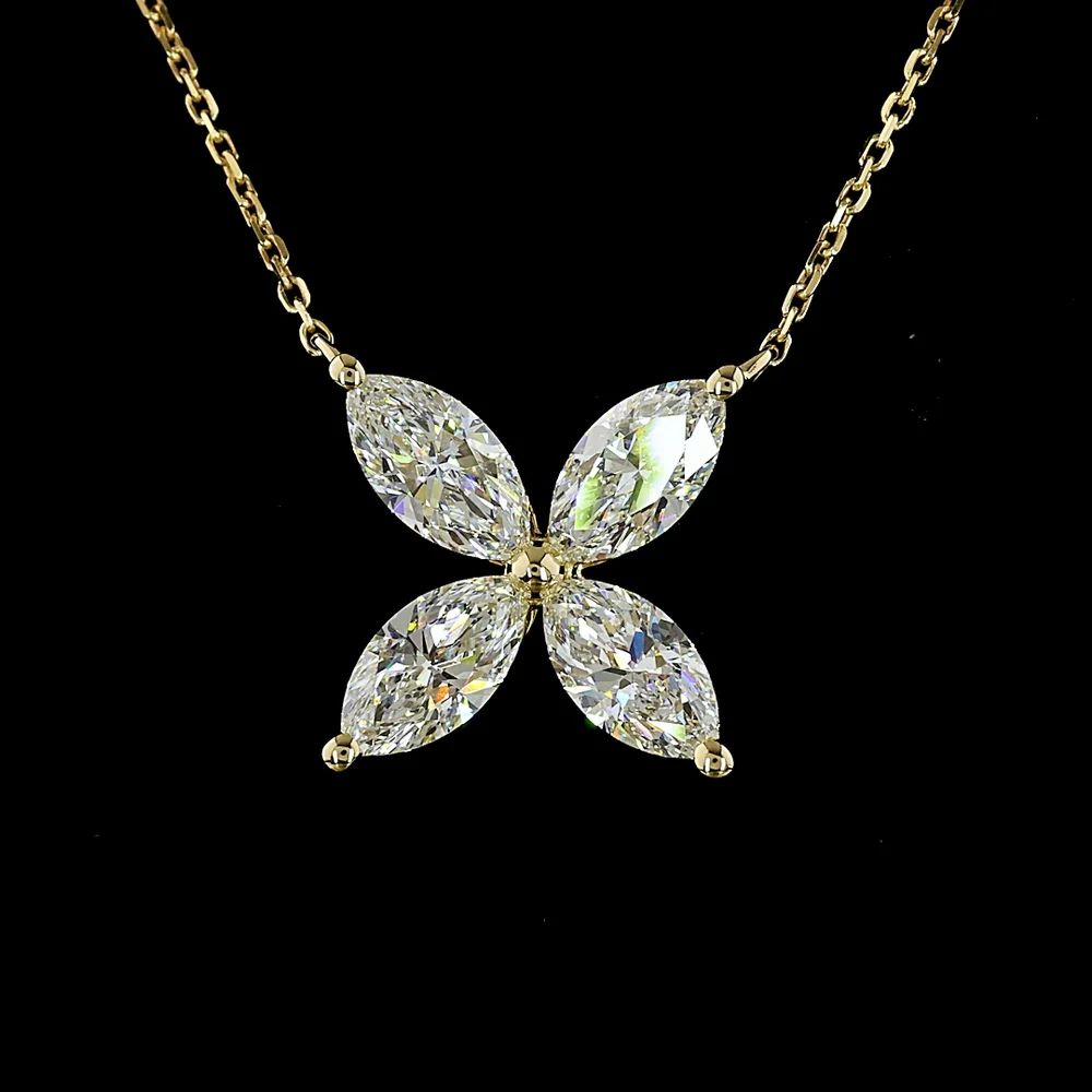 14K Yellow Gold Floral Pendant with 4 Prong-Set Marquise Cut Lab Diamonds - 2.10 Carat Total Diamond Weight - Covaloro Fine Jewelry - Image 2