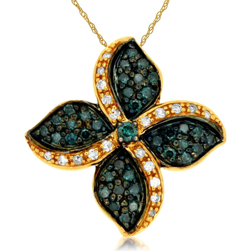 14K Yellow Gold Floral Pendant with Diamond & Blue Diamonds - 0.50 Carats Total Weight - Royal Jewelry