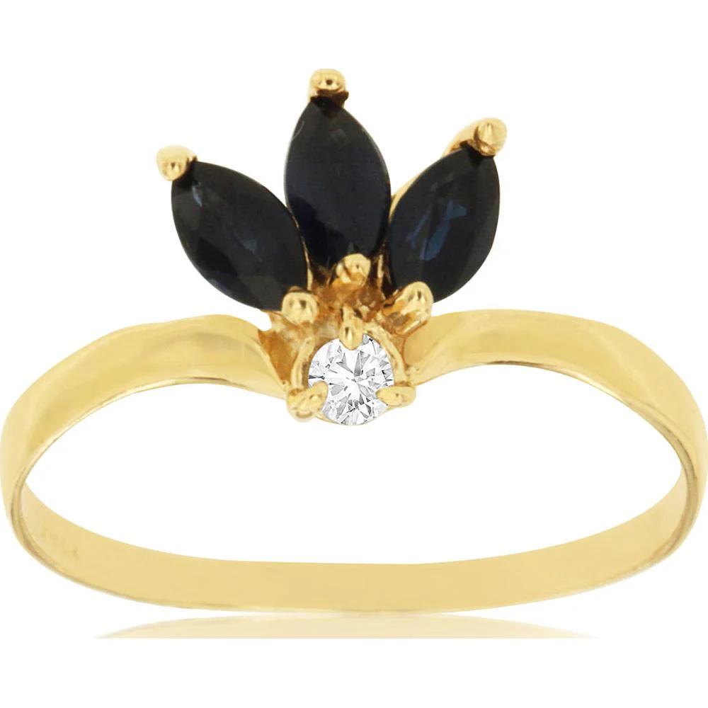 14K Yellow Gold Floral Ring with Three Marquise-Cut Blue Gemstones and Round Diamond Accent - 0.05 Carat Total Diamond Weight - Royal Jewelry