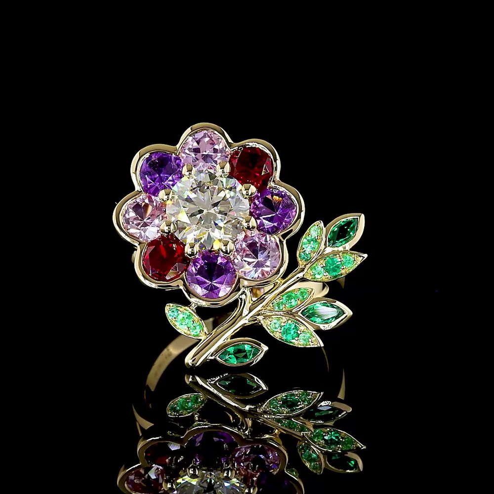14K Yellow Gold Floral Special Ring with 1.50 Carat Round Brilliant Lab Diamond Center and Multi-Color Leaf Motif Gemstones - Covaloro Fine Jewelry