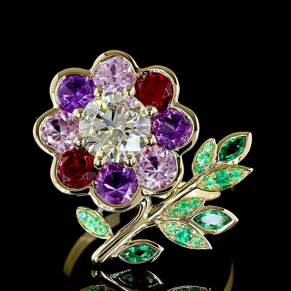 14K Yellow Gold Floral Special Ring with 1.50 Carat Round Brilliant Lab Diamond Center and Multi-Color Leaf Motif Gemstones - Covaloro Fine Jewelry - Image 2