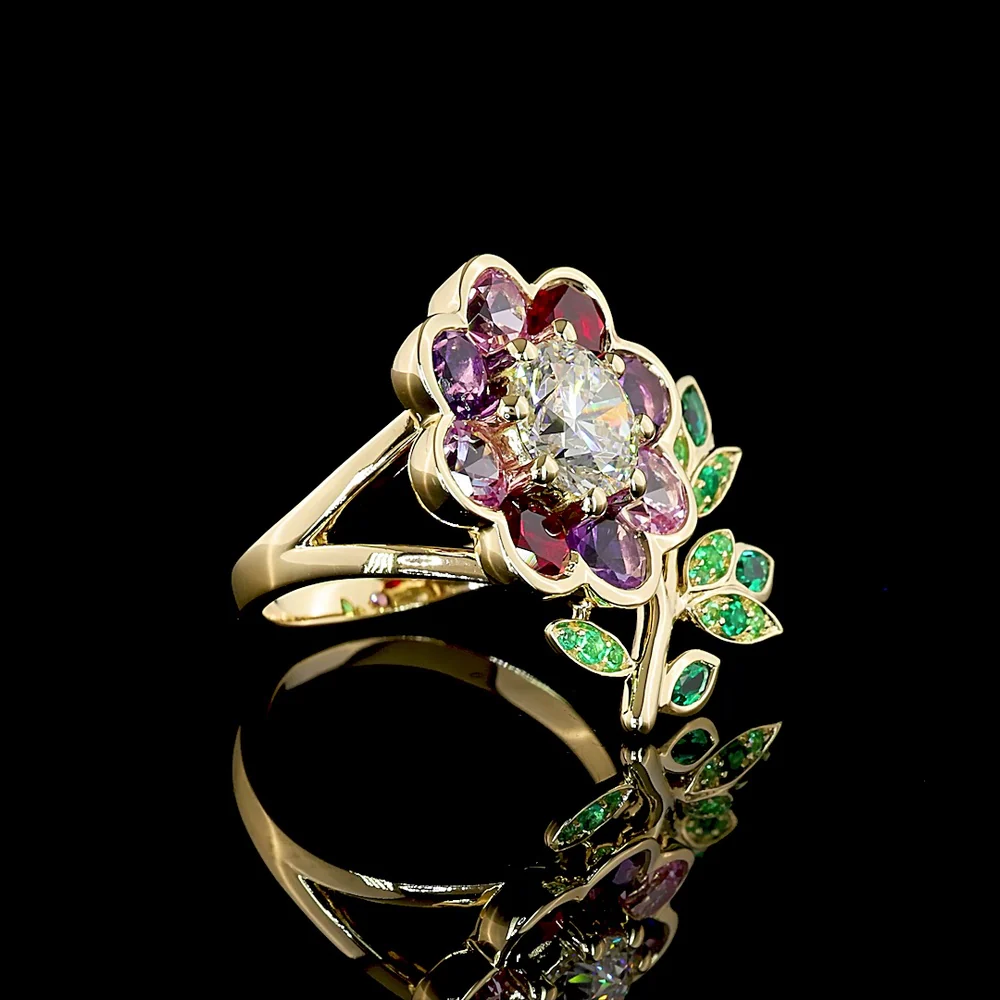 14K Yellow Gold Floral Special Ring with 1.50 Carat Round Brilliant Lab Diamond Center and Multi-Color Leaf Motif Gemstones - Covaloro Fine Jewelry - Image 3
