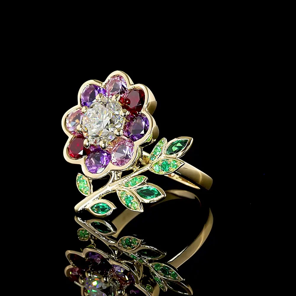 14K Yellow Gold Floral Special Ring with 1.50 Carat Round Brilliant Lab Diamond Center and Multi-Color Leaf Motif Gemstones - Covaloro Fine Jewelry - Image 4