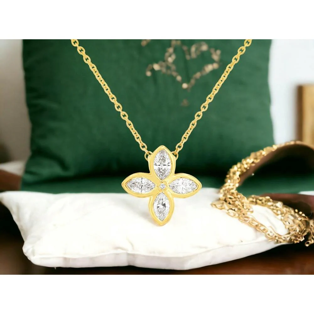 14K Yellow Gold Flower Necklace with Marquise and Round Diamonds - 0.38 Carat Total Diamond Weight - Royal Jewelry - Image 2