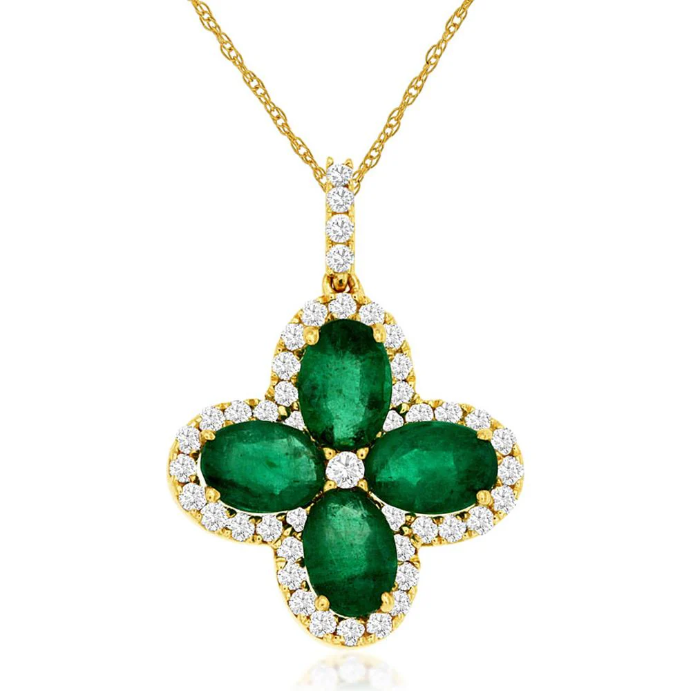 14K Yellow Gold Flower Pendant Necklace with Oval Emeralds and Round Diamond Halo - 1.80 Carat Total Emerald Weight, 0.40 Carat Total Diamond Weight - Royal Jewelry